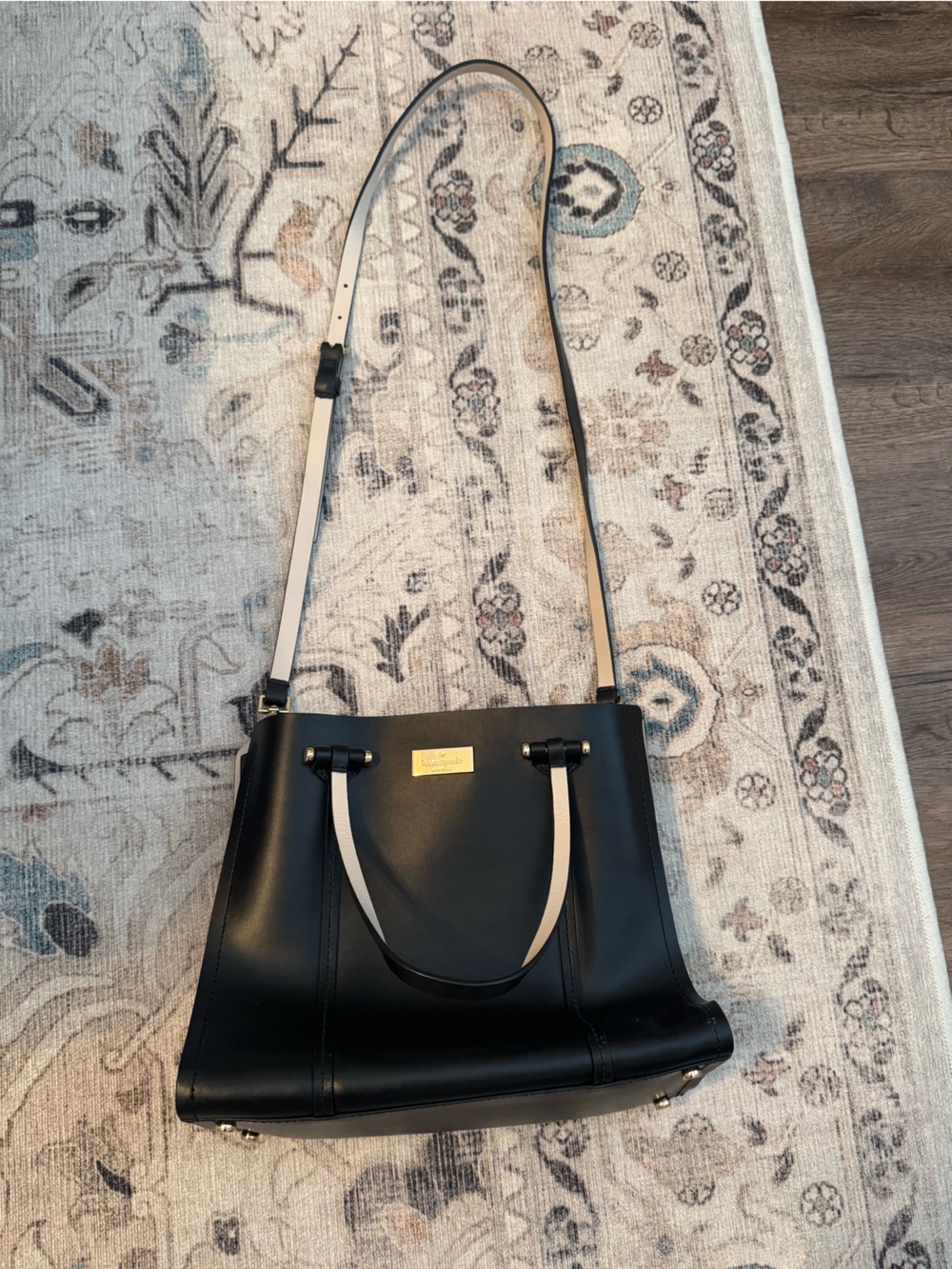 kate spade Black Leather Satchel with Ivory Strap